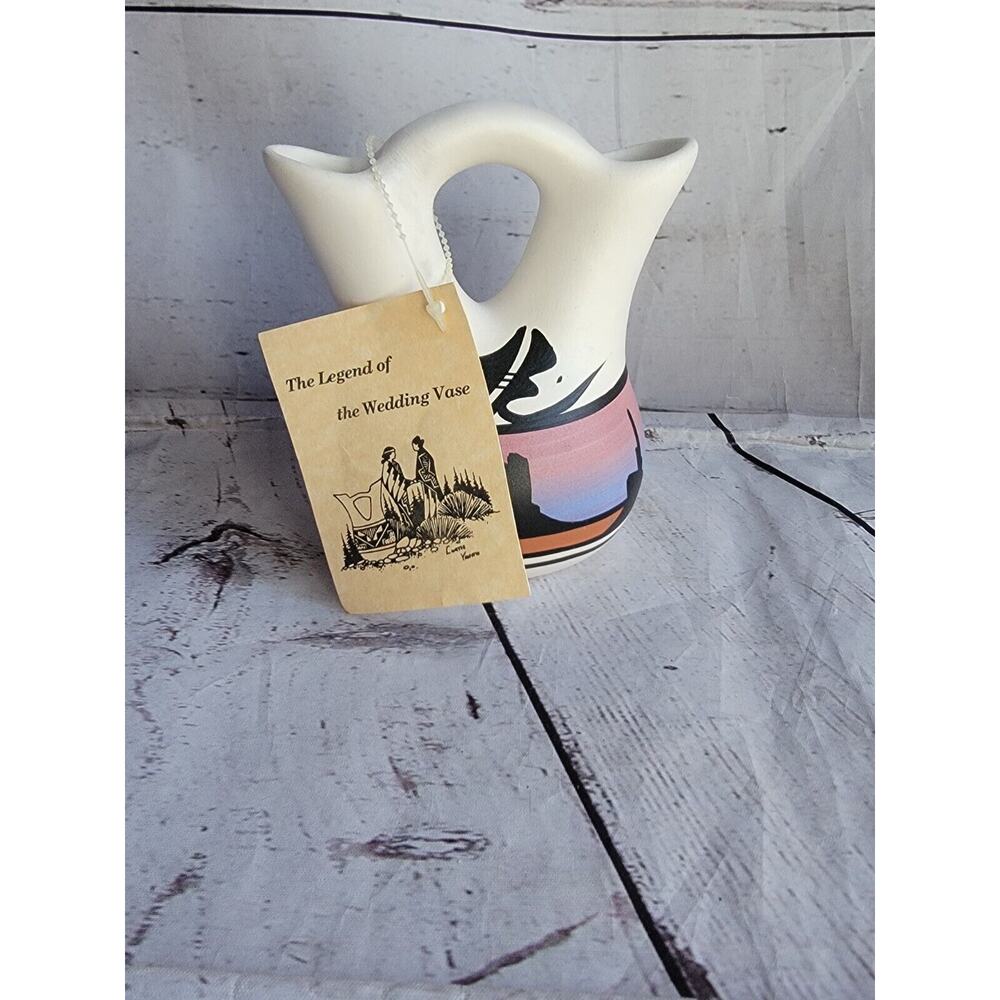 Vintage Native American Pottery Navajo Wedding Vase Signed Blue Pink Orange 5.5"